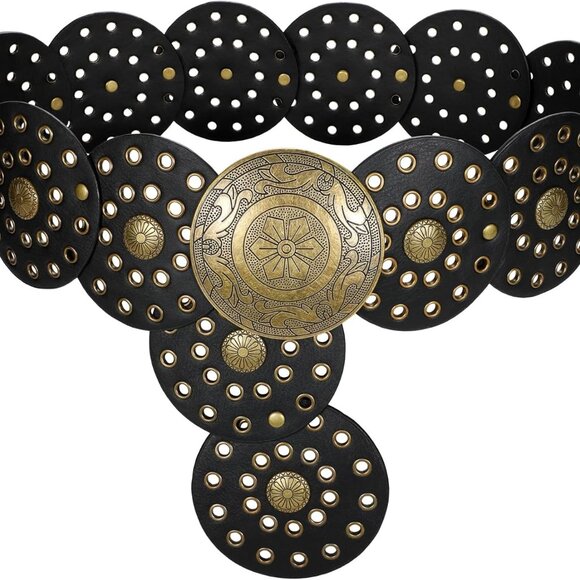 Women's Boho Disc Belt Wide Western Leather Belt Vintage Concho Waist Belt for D